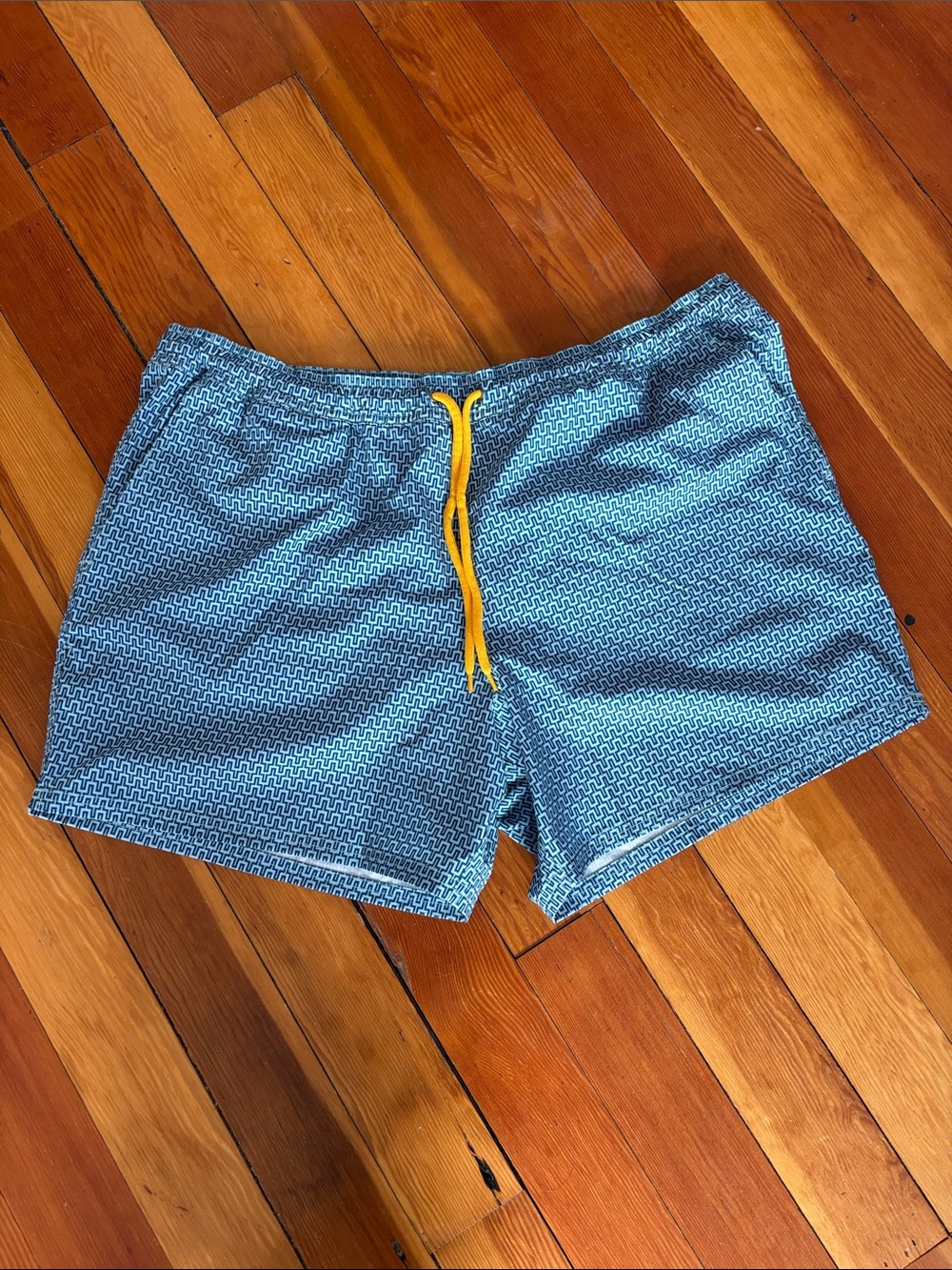 J. Crew Blue Geometric Swim Trunks with Yellow Drawcord